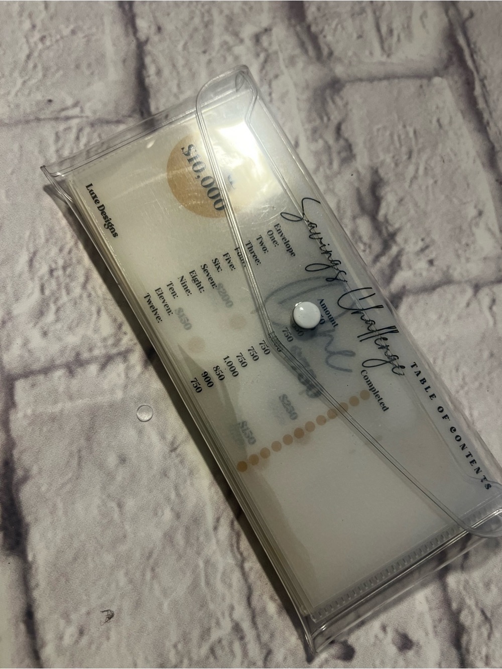 Clear White Plastic Cash Savings Organizer with button closure - 10K Savings